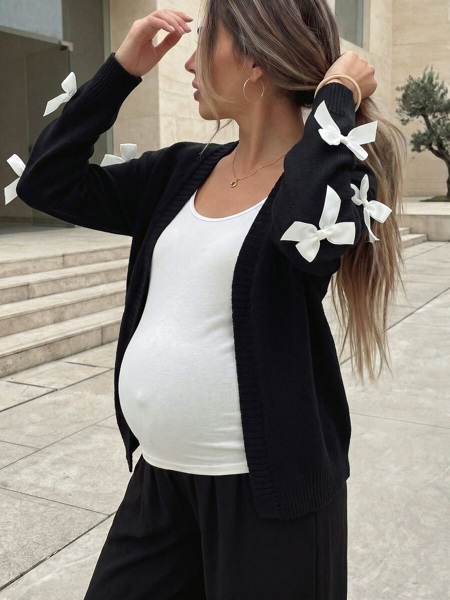 SHEIN 孕婦蝴蝶結裝飾長袖休閒針織開襟衫 - 黑色 - 查看 1