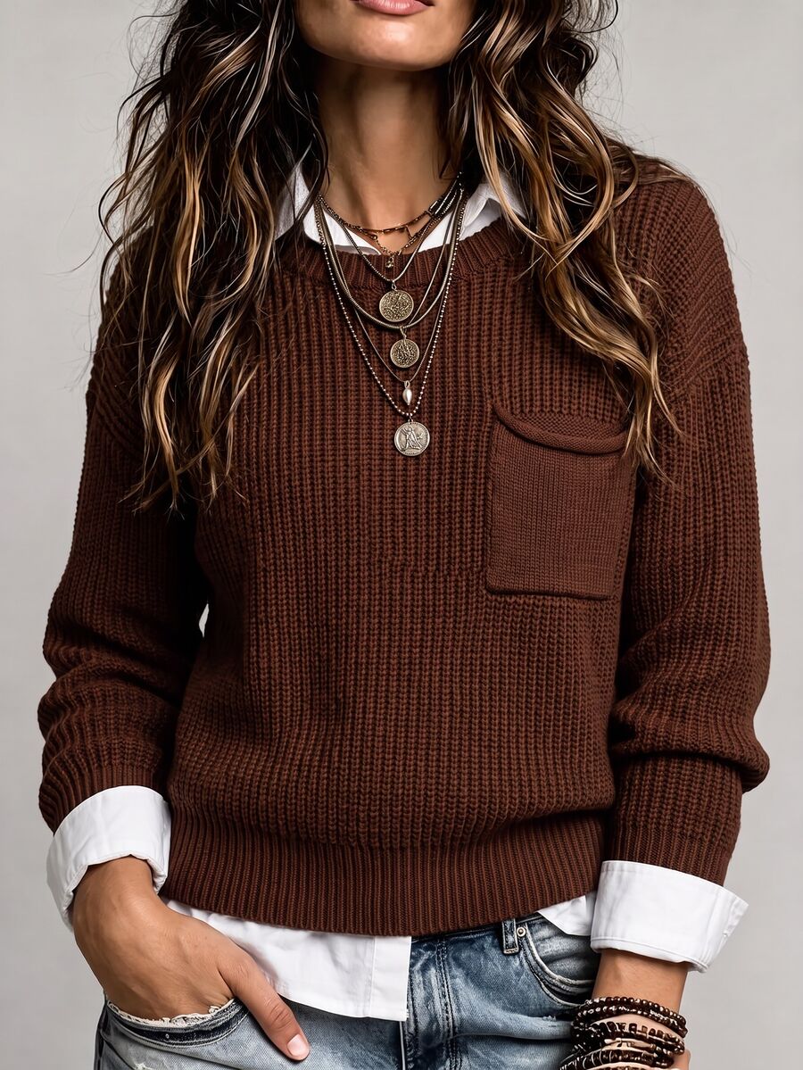 SHEIN LUNE Women's Solid Color Round Neck Casual Daily Long Sleeve Sweater Brunch Burgundy Autumn - Burgundy - View 1