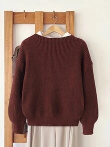 SHEIN LUNE Women's Solid Color Round Neck Casual Daily Long Sleeve Sweater Brunch Burgundy Autumn - Burgundy - View 2