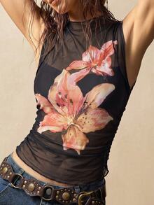 Bohemela Spring/Summer Vacation Knit Mesh Printed Slim Fit Women's Top - Red and Black - View 6