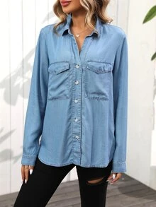 EMERY ROSE Women's Casual Long Sleeves Patch Pockets Spring/Summer Shirt,Long Sleeve Tops Fall Cloth For Women - Light Wash - View 6