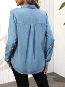 EMERY ROSE Women's Casual Long Sleeves Patch Pockets Spring/Summer Shirt,Long Sleeve Tops Fall Cloth For Women - Light Wash - View 2