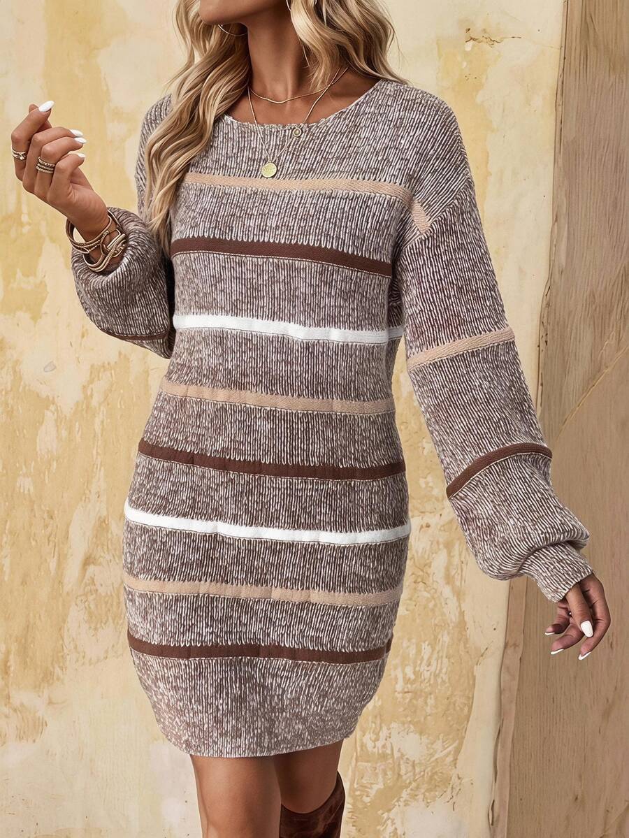 EMERY ROSE Striped Pattern Drop Shoulder Sweater Dress Fall Winter Cloth For Women - Multicolor - View 1