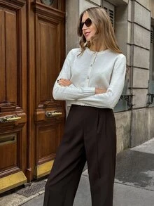 EMERY ROSE Cárdigan de punto de manga larga casual con cuello redondo y botones delanteros lisos, blusas de manga larga - Blanco - Ver 4