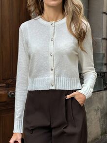 EMERY ROSE Cárdigan de punto de manga larga casual con cuello redondo y botones delanteros lisos, blusas de manga larga - Blanco - Ver 3