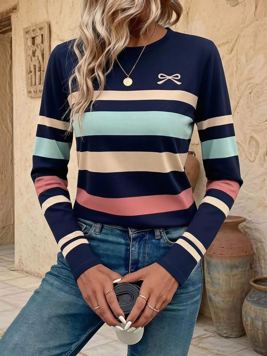 EMERY ROSE Women's Long Sleeve T-Shirt, Mature Striped Pattern Print Top, Classic Design, Versatile, Suitable For Daily Wear And Outdoor, Autumn - Multicolor - View 1