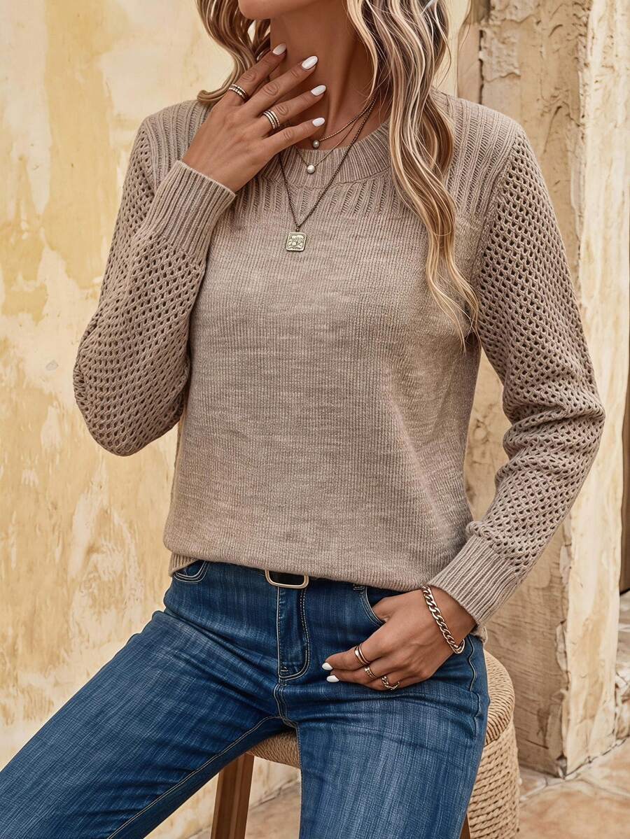 EMERY ROSE Solid Ribbed Knit Sweater,Long Sleeve Tops Knit Pullover Fall Winter Sweater - Mocha Brown - View 1