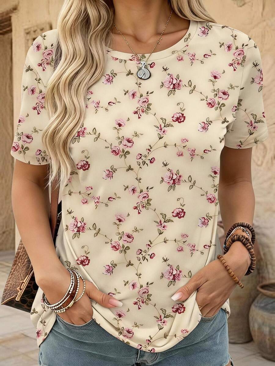 EMERY ROSE Women's Comfortable Floral Print Casual Round Neck Top, Suitable For Daily Wear - Apricot - View 1