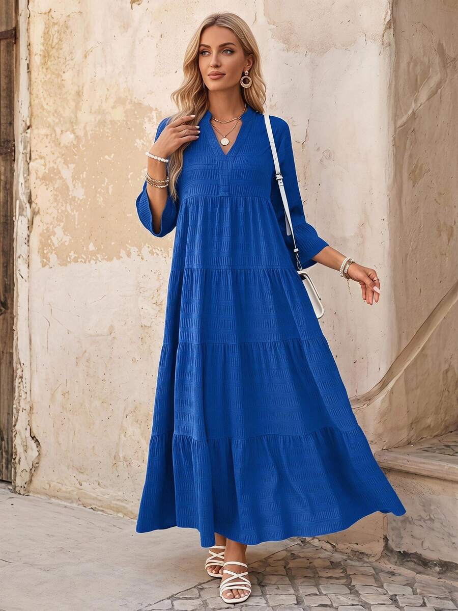 EMERY ROSE 1pc Textured Solid Color Flared Bell Sleeve Ruffle Hem Elegant Casual Decent Dress Formal Blue Autumn - Royal Blue - View 1