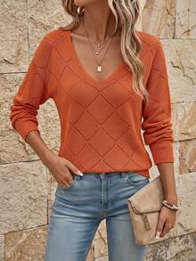 EMERY ROSE Solid Pointelle Knit Sweater In Fall/Winter - Rust Brown - View 1