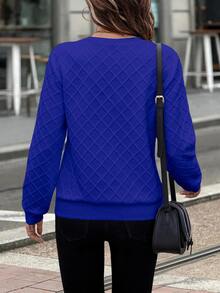 EMERY ROSE White Knit Textured Fabric Front Zip Up Round Neck Sweatshirt For Women,Long Sleeve Tops In Fall/Winter - Royal Blue - View 2