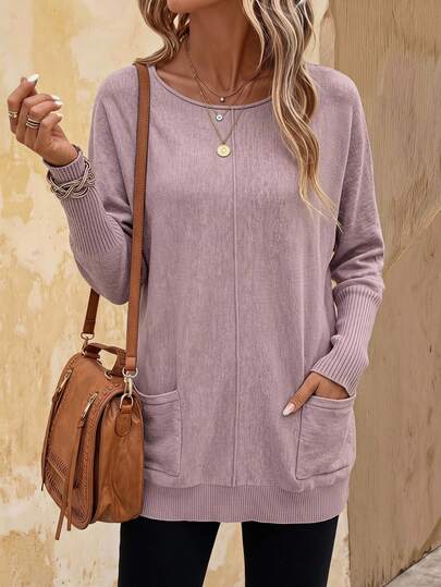 EMERY ROSE Fashionable Casual Versatile Loose Batwing Sleeve Scoop Neck Pullover Sweater For Women, Autumn/Winter