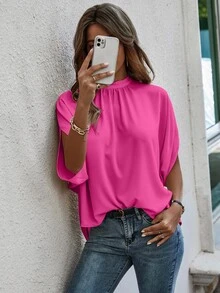 EMERY ROSE Women's Solid Color Stand Collar Casual Loose Bat Wing Sleeve Blouse - Hot Pink - View 4