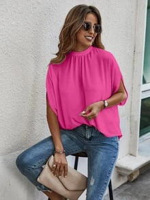 EMERY ROSE Women's Solid Color Stand Collar Casual Loose Bat Wing Sleeve Blouse - Hot Pink - View 6