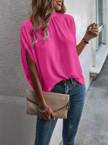 EMERY ROSE Women's Solid Color Stand Collar Casual Loose Bat Wing Sleeve Blouse - Hot Pink - View 5