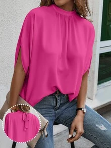 EMERY ROSE Women's Solid Color Stand Collar Casual Loose Bat Wing Sleeve Blouse - Hot Pink - View 3