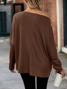 EMERY ROSE Women's Loose Waffle Knit Off-Shoulder Batwing Sleeve T-Shirt, Green, Autumn - Brown - View 2