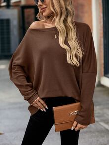 EMERY ROSE Women's Loose Waffle Knit Off-Shoulder Batwing Sleeve T-Shirt, Green, Autumn - Brown - View 3