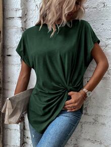 EMERY ROSE Women's Round Neck Batwing Sleeve Twist Waist Design Casual Solid Color T-Shirt - Green - View 4