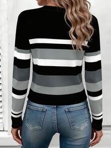 EMERY ROSE Women's Long Sleeve T-Shirt, Mature Striped Print Top, Classic Pattern Design, Versatile Casual Outdoor Wear, Autumn - Multicolor - View 2