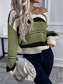 EMERY ROSE 1pc Women's Striped V-Neck Drop Shoulder Long Sleeve Casual Pullover Sweater, Autumn/Winter Knit Pullover Fall - Multicolor - View 4