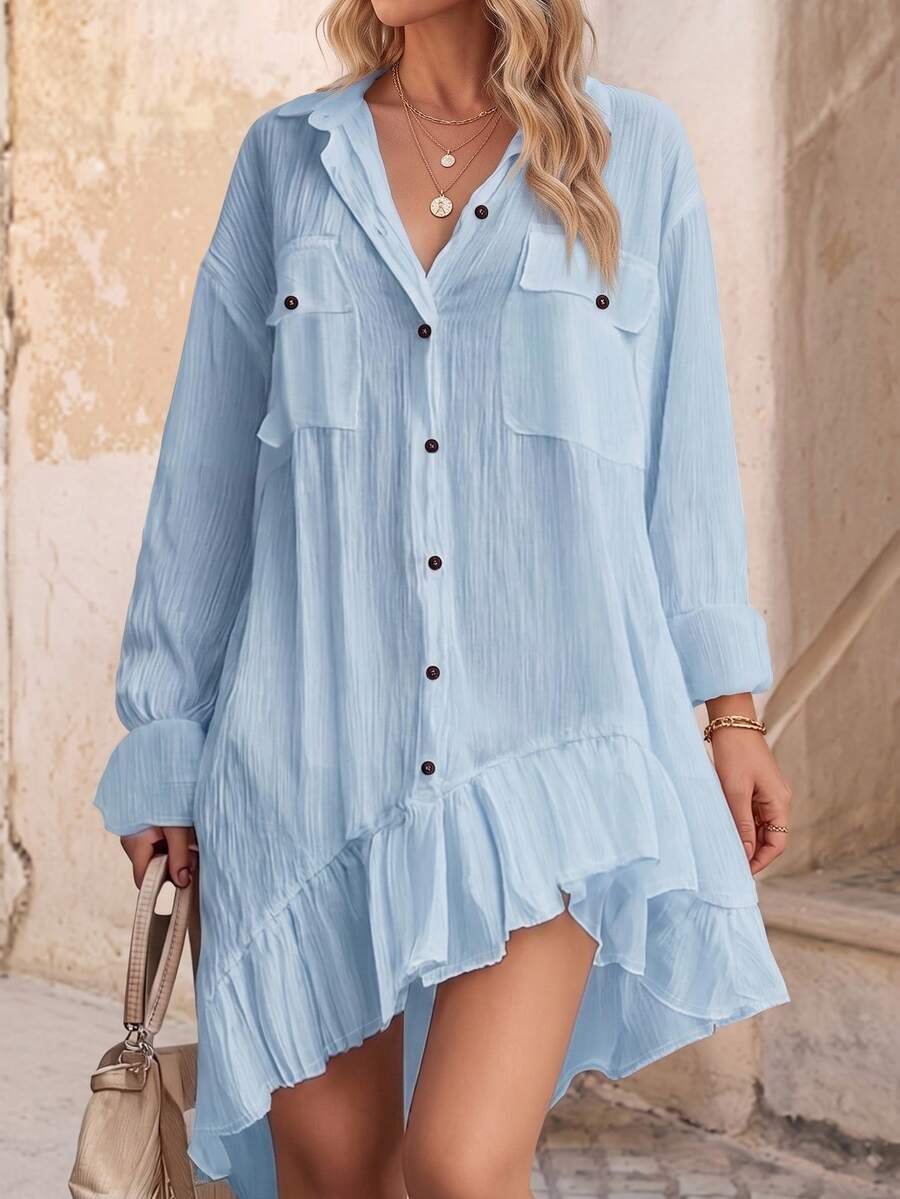 EMERY ROSE Đầm dài tay dài tay bồng, cài cúc phía trước, vai rớt, màu trơn, thoải mái, kiểu dáng xuân/hè mới. - Màu xanh nhạt - Xem 1