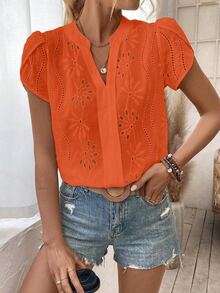 SHEIN 度假休閒純色中空刺繡芽袖襯衫 - 橘色 - 查看 5
