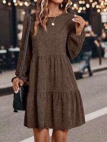 EMERY ROSE Women's Casual Loose Solid Color Round Neck Lantern Sleeve Ruffle Hem Dress, Autumn Fall Cloth For Women - Brown - View 6