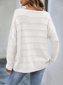 EMERY ROSE Solid Color Crew Neck Casual Pullover Sweater - White - View 2