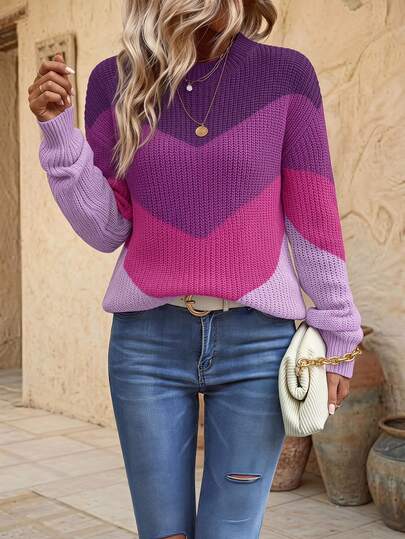 EMERY ROSE Women's Dark Purple Color Block Pattern Drop Shoulder Sweater,Autumn Casual Long Sleeve Regular Fit Pullovers,Ladies Occasion Knitwear Tops