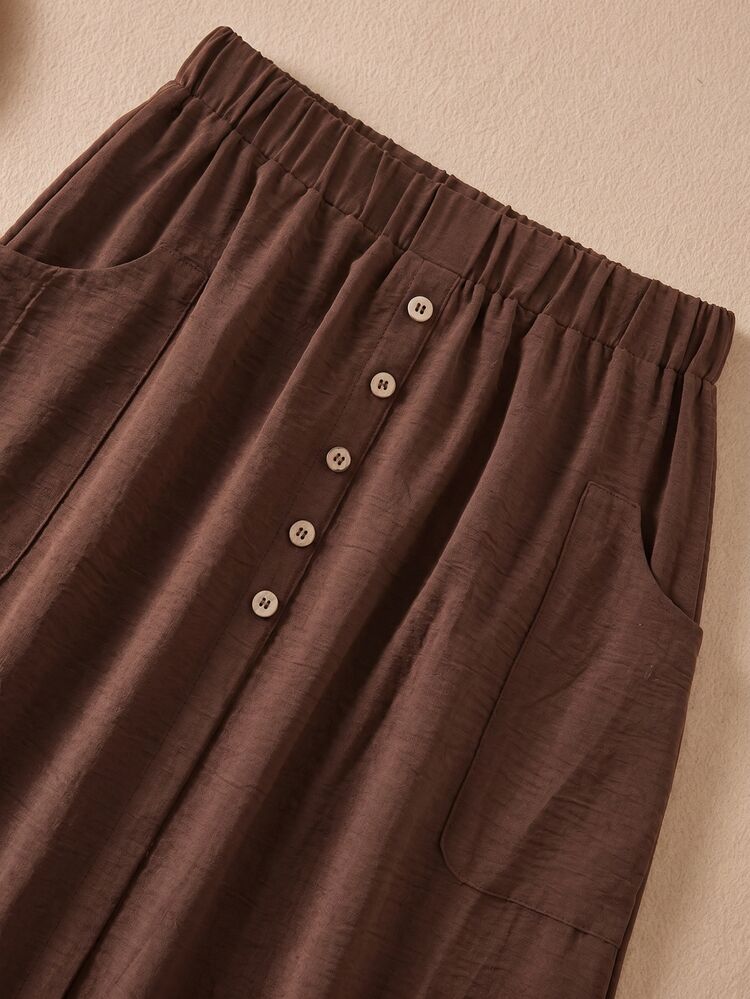 EMERY ROSE Women's Solid Color Button Design Pocket Casual 70s 90s Skirt Holiday Vacation Coffee Brown Summer - Brown - View 5