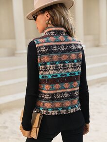 EMERY ROSE Geo Pattern Zip Up Fleece Vest Jacket - Multicolor - View 2