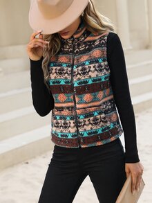 EMERY ROSE Geo Pattern Zip Up Fleece Vest Jacket - Multicolor - View 6