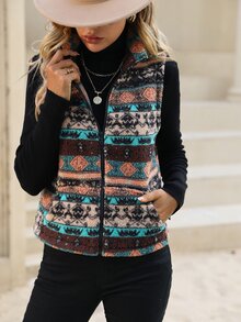 EMERY ROSE Geo Pattern Zip Up Fleece Vest Jacket - Multicolor - View 5