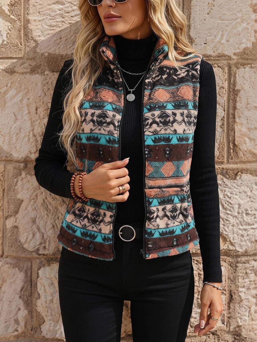 EMERY ROSE Geo Pattern Zip Up Fleece Vest Jacket - Multicolor - View 1