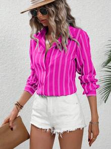 EMERY ROSE Women's Fashionable Striped Long Sleeve Shirt,Long Sleeve Tops Fall Cloth For Women - Hot Pink - View 3