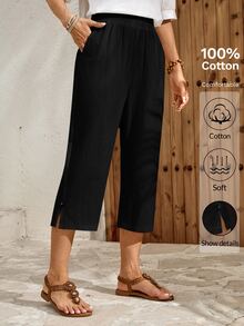 EMERY ROSE Women's Casual All-Match Versatile Everyday Travel Capri Pants With Pockets And Buttons Daily Vacation Plain Plain Black Summer Holiday Vacation - Black - View 4