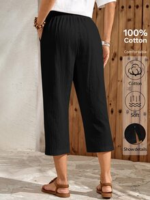 EMERY ROSE Women's Casual All-Match Versatile Everyday Travel Capri Pants With Pockets And Buttons Daily Vacation Plain Plain Black Summer Holiday Vacation - Black - View 2
