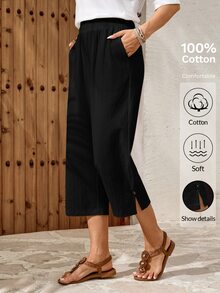 EMERY ROSE Women's Casual All-Match Versatile Everyday Travel Capri Pants With Pockets And Buttons Daily Vacation Plain Plain Black Summer Holiday Vacation - Black - View 3