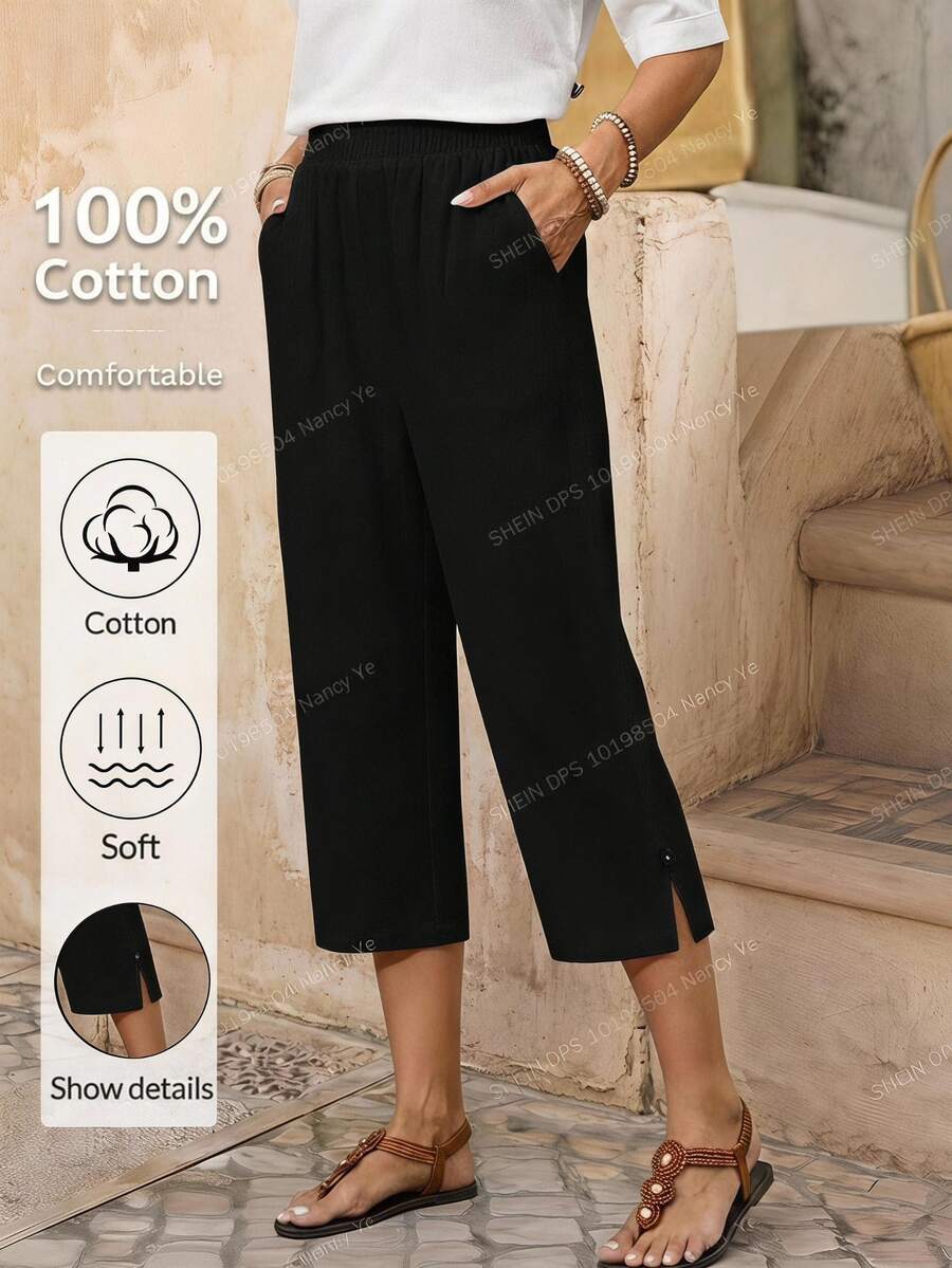 EMERY ROSE Women's Casual All-Match Versatile Everyday Travel Capri Pants With Pockets And Buttons Daily Vacation Plain Plain Black Summer Holiday Vacation - Black - View 1