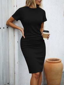 EMERY ROSE Vestido ajustado de Body con cuello redondo elegante para mujer - Negro - Ver 6