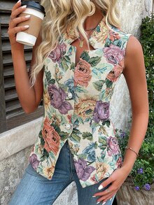 EMERY ROSE Women Summer Vacation Style Jacquard Floral Single Breasted Sleeveless Blazer - Multicolor - View 6