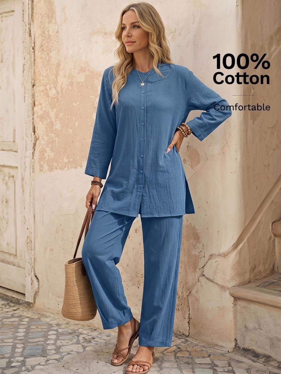 EMERY ROSE Women's Solid Color Long Sleeve Single-Breasted Shirt And Pants Casual Two Pieces Set Vacation Steel Blue Autumn - Teal Blue - View 1