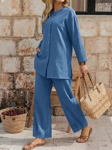 EMERY ROSE Women's Solid Color Long Sleeve Single-Breasted Shirt And Pants Casual Two Pieces Set Vacation Steel Blue Autumn - Teal Blue - View 5