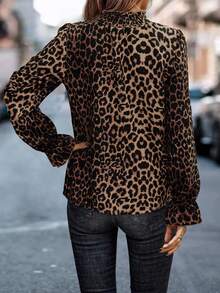 EMERY ROSE Women's Casual Chic Street Fashion Leopard Print Frill Mock Neck Ruffle Sleeve Loose Blouse, Autumn - Multicolor - View 2