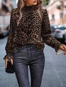 EMERY ROSE Women's Casual Chic Street Fashion Leopard Print Frill Mock Neck Ruffle Sleeve Loose Blouse, Autumn - Multicolor - View 3