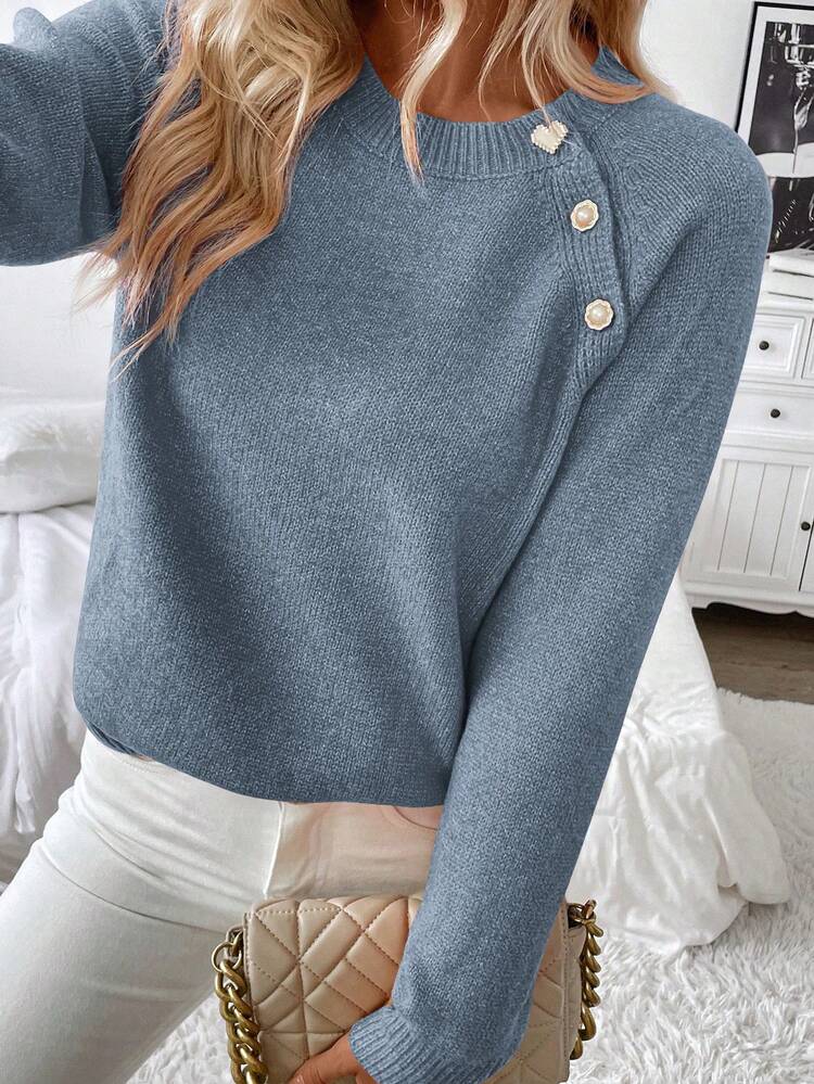 EMERY ROSE Women Plain Buttoned Decor Long Sleeve Basic Knit Sweater Knit Pullover Autumn Office Brunch Dusty Blue Casual - Dusty Blue - View 4