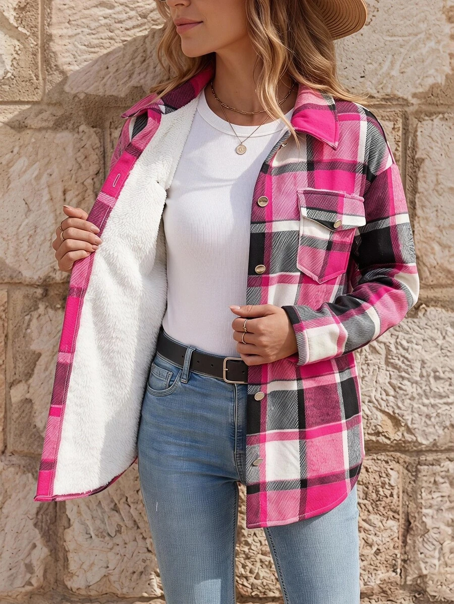 EMERY ROSE Chaqueta de forro polar casual con bolsillos de servicio, hombros caídos y estampado a cuadros para mujer, para otoño/invierno - Rosa Fucsia - Ver 1
