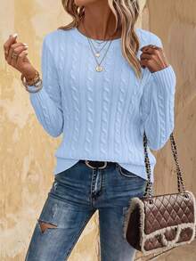 EMERY ROSE Women's Solid Color Round Neck Long Sleeve Casual Pullover Sweater, Autumn/Winter Knit Pullover Fall - Blue - View 1