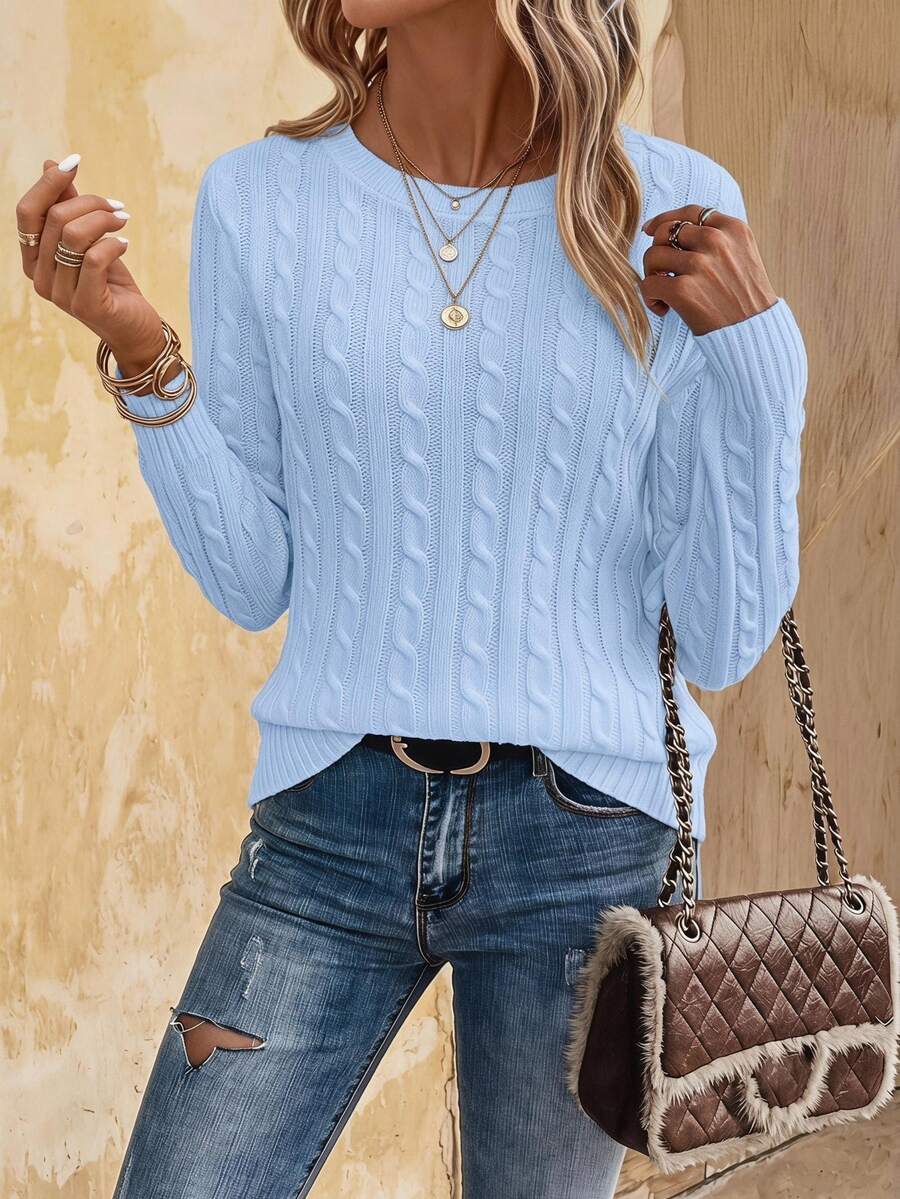 EMERY ROSE Women's Solid Color Round Neck Long Sleeve Casual Pullover Sweater, Autumn/Winter Knit Pullover Fall - Blue - View 1